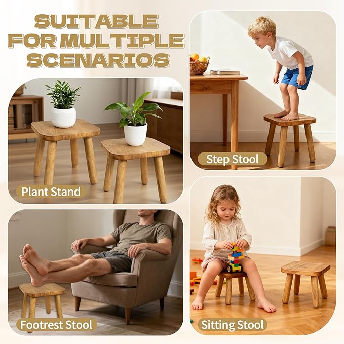 YEXEXINM 2 Pack Small Wooden Step Stools 9 Inch, Non-Slip One Step Stool Holds 300 lbs, Sturdy Bathroom Stool Plant Stand Square Footstool for Bedroom, Bathroom, Nursery, Easy Assembly