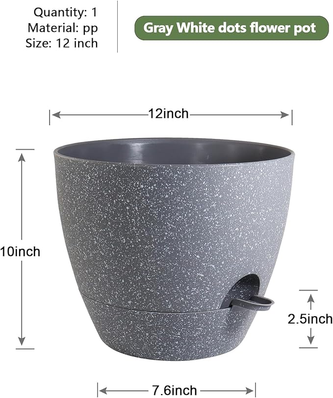 WSMKSZ 12 inch Large Self Watering Pots, Planter, Plant Pots with Mesh Drainage Holes for Indoor Outdoor House Plants and Garden, Plastic Flower Pots with Deep Reservoir, Speckled Grey