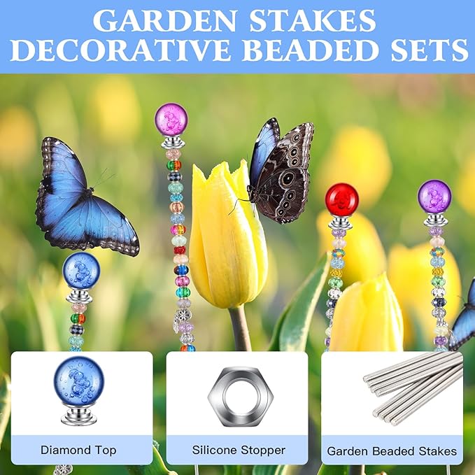 Therwen Pack of 8 DIY Mini Garden Beaded Stakes Wands Kit Include 8 Pcs Threaded Rods, 8 Pcs Hex Nuts and 8 Diamond Stopper Tops Outdoor (12 Inch, 8 Mixed Diamond Top Color)