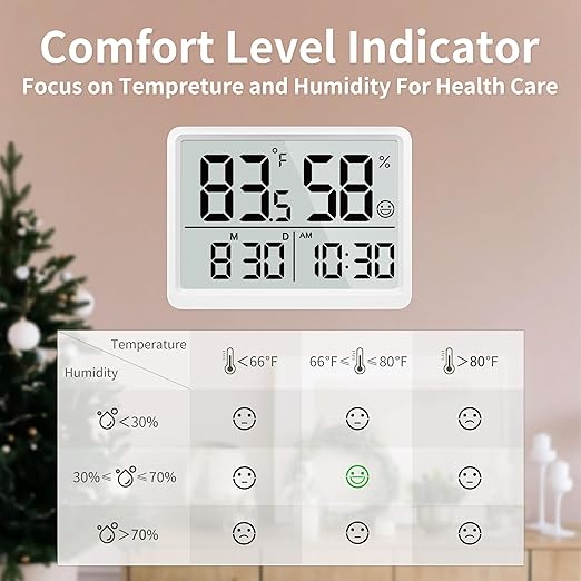 DOOMAY Digital Room Thermometer and Humidity Monitor with Calibration,High Accuracy Sensor Indoor Hygrometer with Date & Clock Desktop Magnet Sticky for Baby Room Greenhouse Guitar(White)