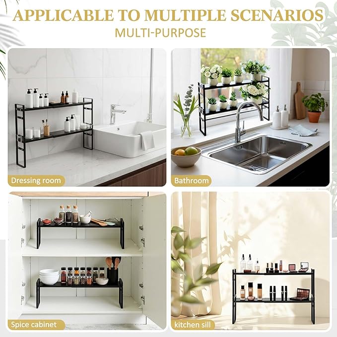 1 Pcs Expandable Window Sill Plant Shelf, 13.7 x 3.5 x 7.28 Inches, Stackable Narrow Over The Sink Shelf, Adjustable Height Metal Window Sill Extender Shelves for Kitchen Bathroom (Black)