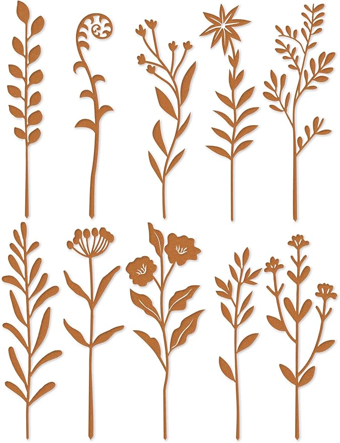 10pcs Metal Flowers for Garden - Antique Rust Finish Decorative Plant Stakes, Weathered Patina Yard Art for Outdoor Ground & Indoor Pots, Rustic Flower Bed Decor, Lawn & Patio Accents