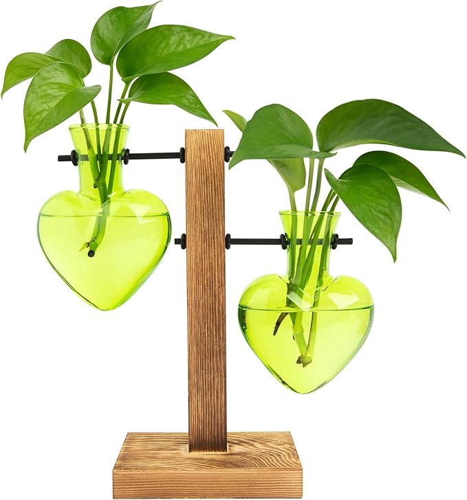 XXXFLOWER Plant Terrarium Wooden Stand, Hydroponic Planter Bulb Glass Metal Swivel Holder Retro Air Plants Water Plants for Home Office Decoration Gifts for Plant Lover Mom- 2 Green Love Bulb Vase