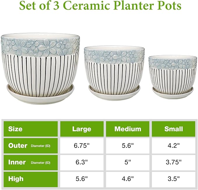 Hlukana Ceramic Plant Pots Set of 3, 6.75/5.6/4.2 inch Planters with Drainage Holes and Saucer, Flower Pot Outdoor Indoor, Modern Decorative Planters for House Plants Garden Planters Succulent Pots