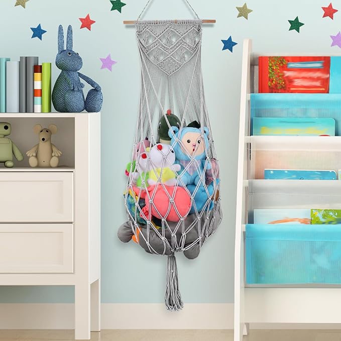 Stuffed Animal Storage w/ LED Star Light, 63 Inch Jumbo Toy Hammock Wall Ceiling Over Door Hanging Organizer Net for Stuffed Animals, Gray Stuffed Animals Hammock Corner for Kid Girls Boys Gift