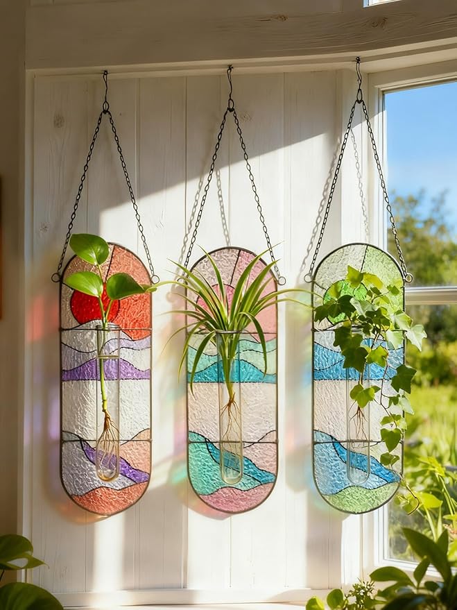 Stained Glass Plant Propagation Stations - Handmade Sunshine Catcher Hydroponic Planter Window Hanging with Glass Tubes, Terrarium Decor Gifts for Women Mom Plant Lovers, Red