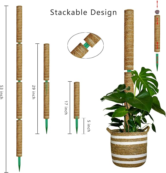 Moss Pole, 53.5 Inch Monstera Plant Support, Moss Sticks for Indoor Plants Climbing Coco Coir Pole, 4 Pack 17 Inch Stackable Moss Pole for Plants