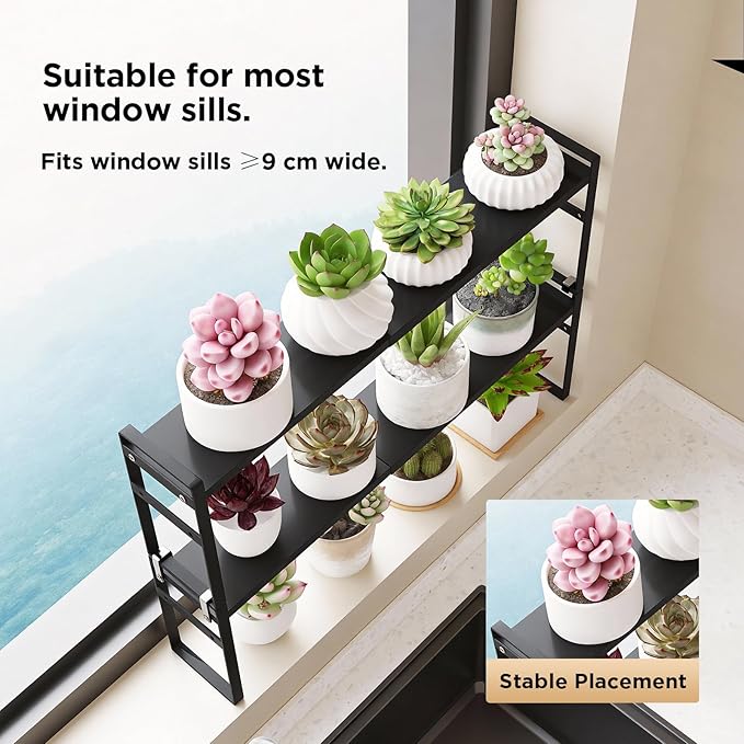 2 Tier Expandable Stackable Narrow Shelf Organizer, Tall Countertop Organizer for Tight Spaces, Windowsill Plant Stand, Over-Sink/Faucet Shelf, Kitchen Storage, Bathroom Vanity, Laundry Room (Black)