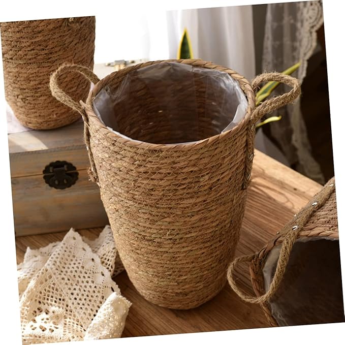 YARNOW Woven Flower Basket Plants Pots Indoor Seagrass Storage Vintage Vase Large Planters for Indoor Plants Rattan Multi-Purpose Garlic Seaweed
