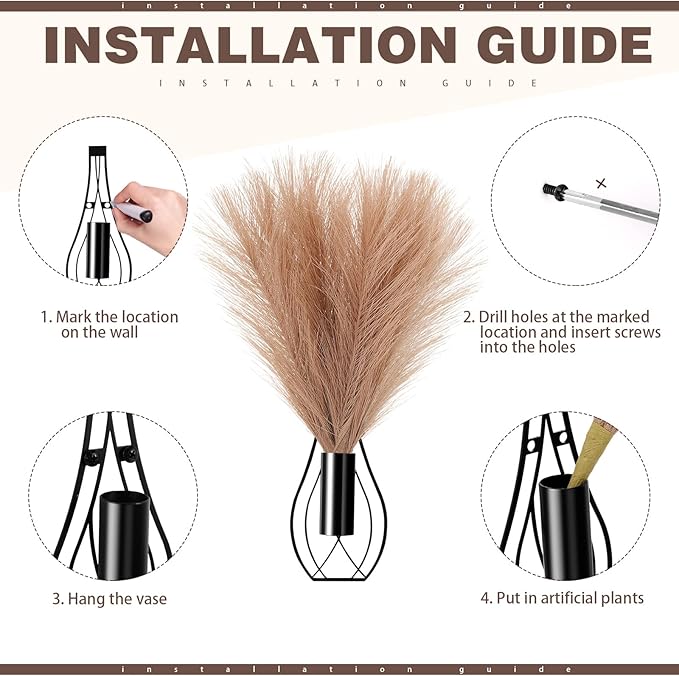 Otoolling 2 Pieces Hanging Plant Wall Decor with Artificial Pampas Grass Metal Hanging Vase Modern Geometric Farmhouse Bohemian Wall Art for Living Room Bedroom Kitchen Office(Black, Light Brown)