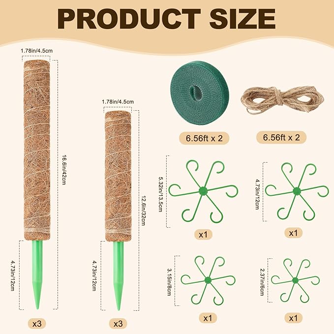 6 Pack Moss Pole for Plants Monstera,Stackable Moss Pole for Plants,Coir Totem Pole Tall for Climbing Plant,Sphagnum,Indoor Potted Plant with Garden Ties and Stem Support (3x17in + 3x12in)
