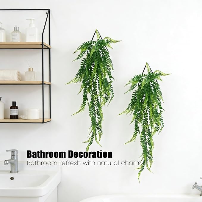 GREENTIME 2 Pack Artificial Boston Fern 28" Fake Hanging Plants with 9.8" Diamond Metal Planter UV Resistant No Maintenance Boho Wall Decor for Indoor Outdoor Bedroom Living Room Shelf
