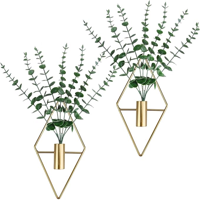 GREENTIME 2 Pack Hanging Plants Faux Eucalyptus with Gold Diamond Metal Hanging Vase for Teacher Appreciation Living Room Bedroom Boho Kitche Wall Shelf Outdoor