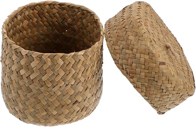 PRETYZOOM Handmade Woven Flower Basket with Lid Mini Straw Storage Basket for Home Decorations Gift Packaging Sundries Container 5.11X5.11X4.13 Inch