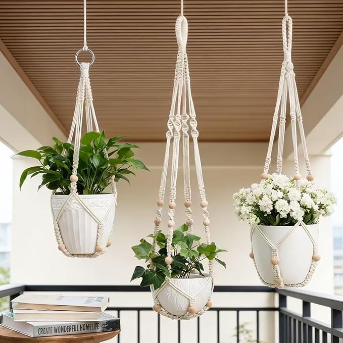 3 Pack Hanging Planters, Macrame Boho Plant Holder for Indoor Outdoor Plants, Plant Hangers with 3 Hooks for Garden Patio Home Decor