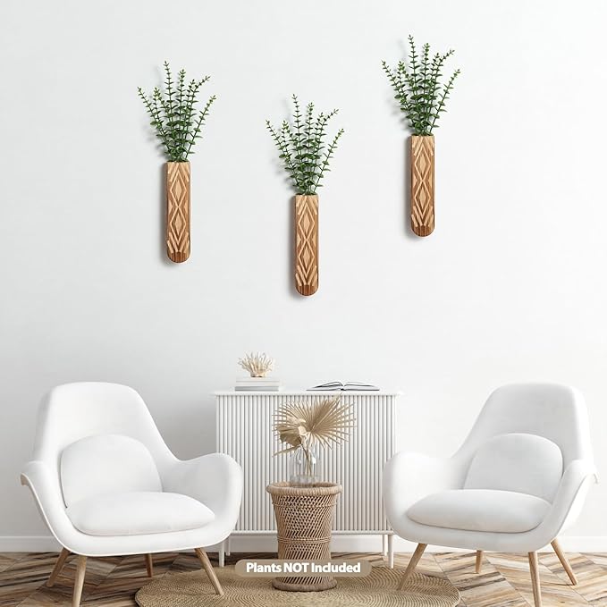 3 Pack Wood Wall Planter, Boho Wall Vase for Hallway Decor and Bathroom Decor, Modern Farmhouse Decor, Wooden Hanging Planter for Holding Dried Flowers and Faux Greenery