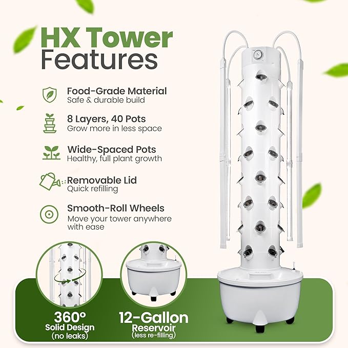 HX Aeroponic Tower | High Capacity Tower | Hydroponics Growing System Kit | Food Grade with 40 Net Pots (with LED Grow Lights)