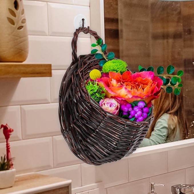 Woven Hanging Basket 9X7X4 Inch Dark Brown Rattan Wall Hanging Planter for Indoor Decorative Flower Storage Kitchen Bathroom Living Room