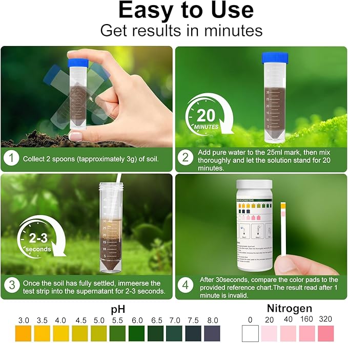 2-in-1 pH & Nitrogen Soil Test Kit, Home Soil Testing Kit Separately Sealed in Foils, Soil pH Nitrogen Test Strips for Garden Lawn Grass Flower Vegetable Nutrient, Quick & Easy-to-Use