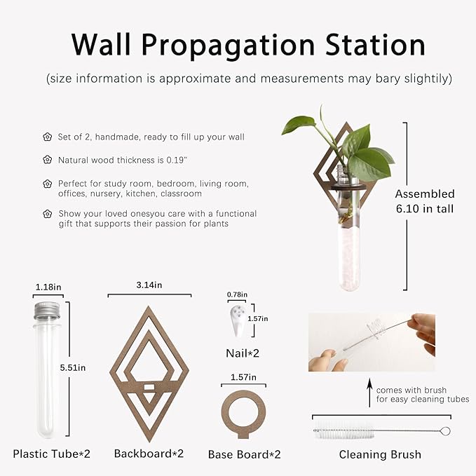 2 Pack Plant Propagation Station Wall Hanging Wooden Diamond Shaped Plant Terrarium for Hydroponics Home Office Decor Test Tube Propagate Air Plant Cutting Holder