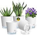 Meowell 4 inch Self Watering Pots for Indoor Plants, 5 Pack Small Flower Plant Pots with Drainage Holes and Clear Reservoirs, Visible Water Level, Plastic Planters with Wicking Rope, White
