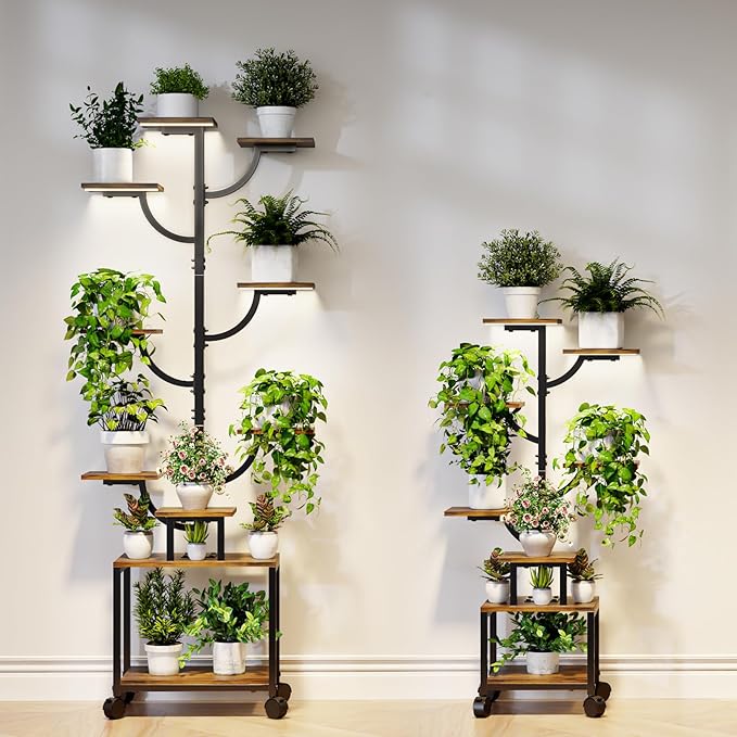 Plant Stand Indoor with Grow Lights - 7-Tier Plant Stand with Wheels, Tall Metal and Wood Indoor Plant Shelf with Tree Design, Rolling Flower Pot Holder Rack with Waterproof Finish, Adjustable Display Stand for Home Garden, Patio, 41" Tall
