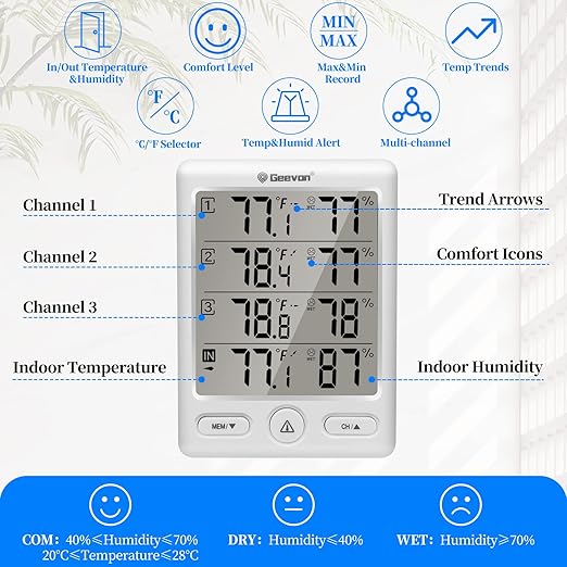 Geevon Indoor Outdoor Thermometer Wireless with 3 Remote Sensors, Digital Hygrometer Indoor Thermometer, Temperature Humidity Monitor Gauge with 200FT/60M Range