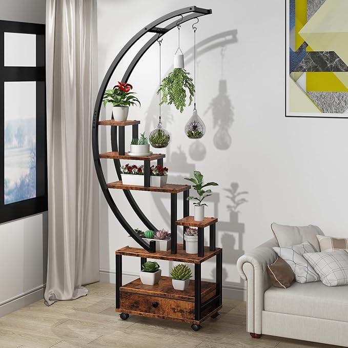 2 Pcs 6 Tier Tall Metal Indoor Plant Stand with Detachable Wheels,Half-Moon-Shaped Plant Shelf Holder with Drawer,Multi-Purpose Plant Stands for Home Decor,Balcony,Patio,Garden,Rustic Brown