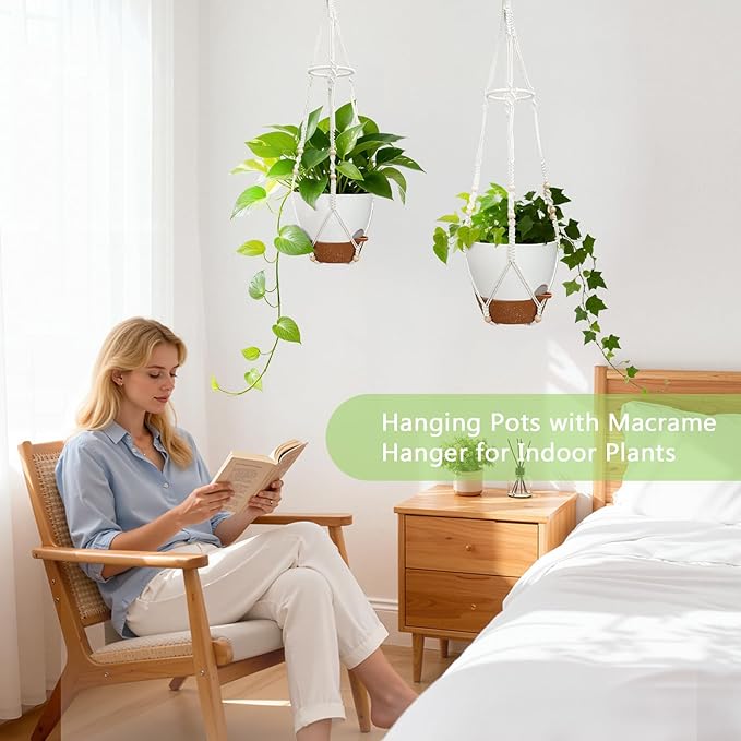 Hanging Planters for Indoor Plants: 2 Pack Macrame Plant Hangers with Grow Lights and Self-Watering Pots, Large Hanging Pots with Drainage Holes & Removable Tray（10in White Pot, GrowPro Spectrum）