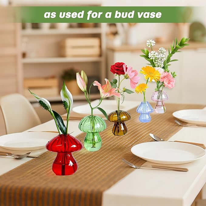 Mushroom Vase, Mushroom Propagation Stations Vases, Colored Glass Vase Set of 5, Hydroponic Glass Container for Plants, Bud Vases for Home Office Decor
