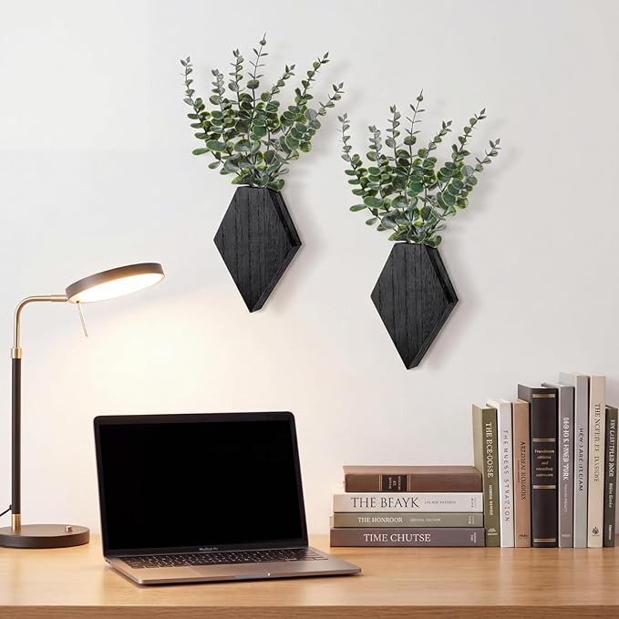 Chunful 2 Pcs Wooden Wall Planter Decor Hanging Fake Plants Greenery Flowers Holder Vase Boxes for Wall Bohemian Farmhouse Room Kitchen Office Indoor Decoration(Black,7.1 x 4.7 x 1.2 Inches)