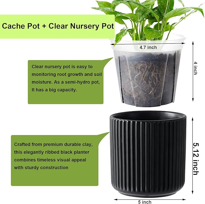 Set of 2 self Watering Ceramic pots for Indoor Plants with 5 inch Clear Inner Pot (Black, 5 inch)