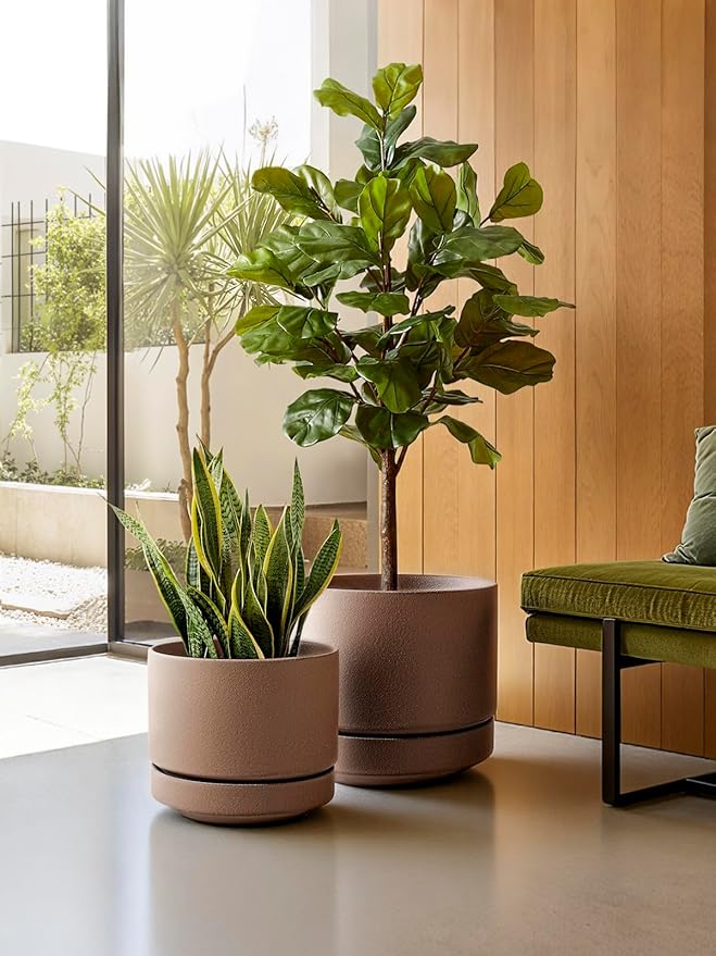 LE TAUCI 12 Inch Pots for Plants with Saucer | Ceramic Outdoor & Indoor Planter Pot for Plants | Drainage Hole, Mesh Pad | Unglazed Porous | Modern for Home, Office and Patio – Terracotta Color