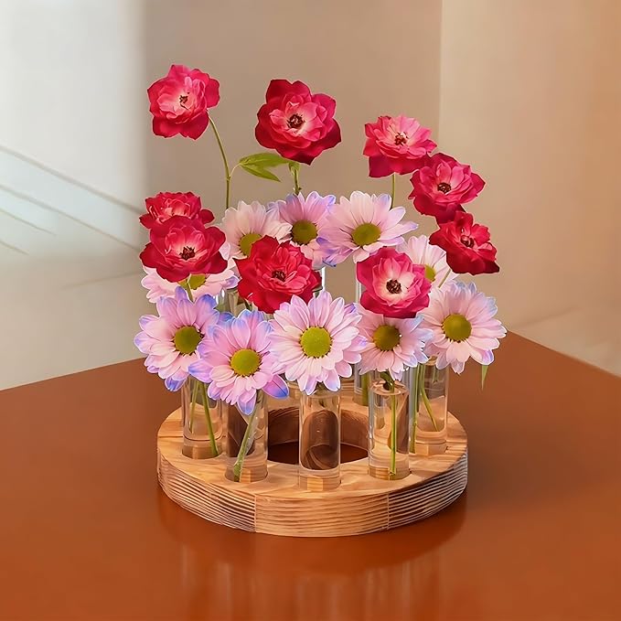 2 PCS Plant Propagation Station with Wooden Stand, Glass Terrarium Vases for Plants, Birthday Gifts for Women Mom Plants Lovers, Home Office Garden Decor, 10 Tubes