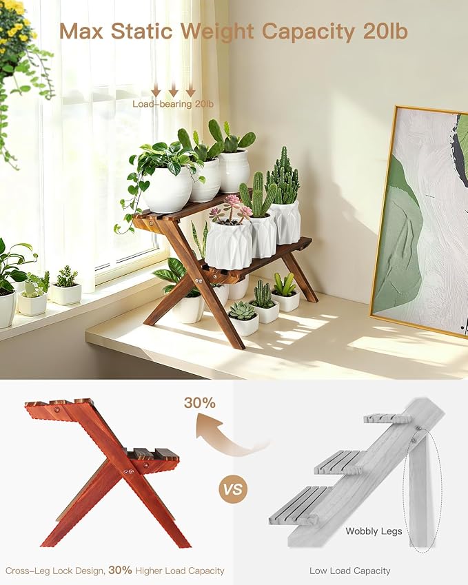 2 Tier Small Wood Plant Stand for Desktop, X-Frame Windowsill Plant Shelf Indoor, Table Top Mini Ladder Flower Pot Holder Display Rack for Succulent, Herbs, Decorations, Kitchen Spices