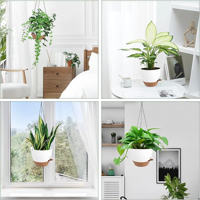 Vanslogreen Hanging Planters for Indoor Outdoor Plants, 2 Pack Self Watering Hanging Pot with Drainage Holes & Removable Tray (White, 6'')