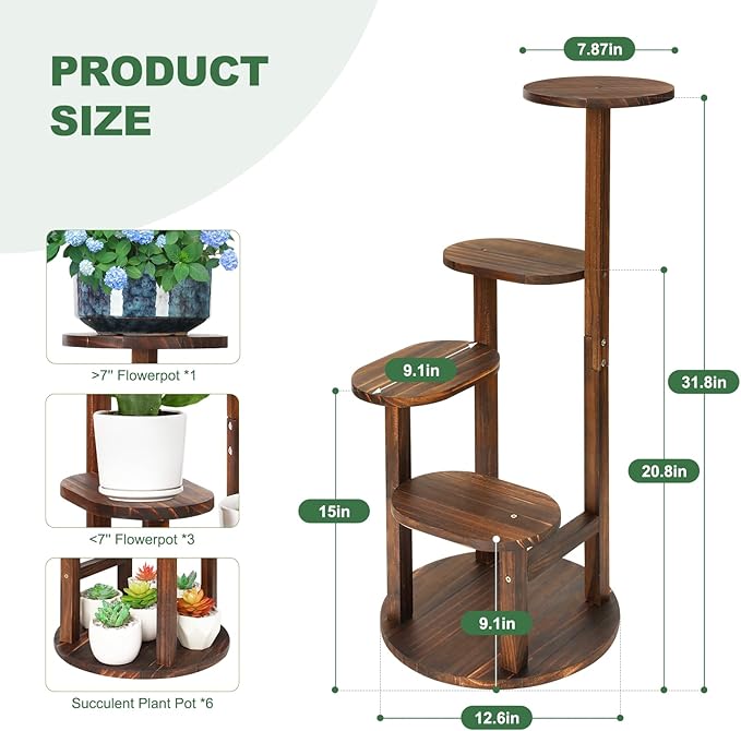 4 Tier Tall Plant Stand Indoor, Wood Corner Plant Shelf for Multiple Plants, Sturdy Oval Tiered Flower Pot Holder Display Rack for Living Room Balcony Patio, Carbonized Pine Wood