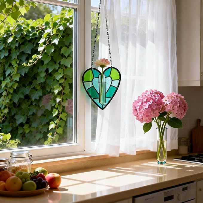 QLCBELOVE Stained Glass Plant Propagation Station, Handmade Suncatchers Window Hanging Decor, Hanging Hydroponic Planter Terrarium with 2 Glass Tubes for Home & Garden Decor, Green, Indoor Outdoor