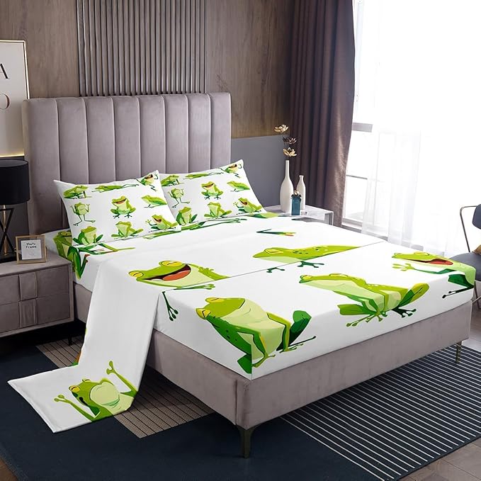 Kids Bed Sheet Set King Cute Frog Print Bed Sheets for Boys Girls Bedroom Super Soft and Cozy Cute Cartoon Animal Pattern Sheets Set Lightweight Green Frogs Nature Theme Bed Set with 2 Pillowcase