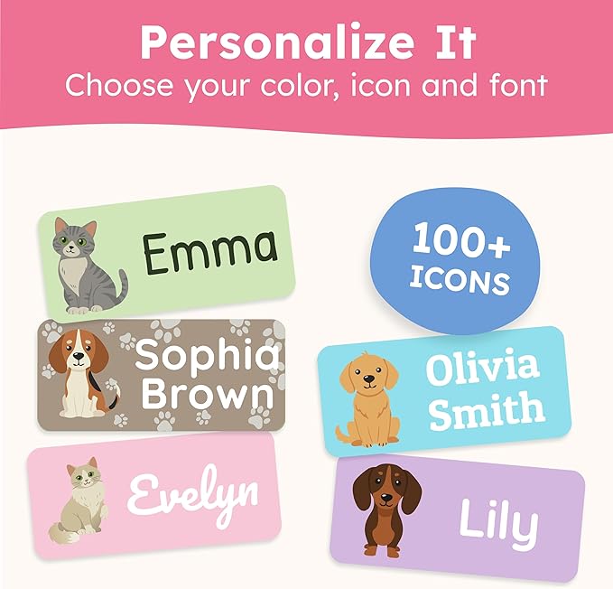 Personalized Name Labels for Kids (70 Labels) - Durable & Waterproof Custom Name Stickers for Clothing Tags, School Supplies, Camp & Daycare - Paws (1.2”x0.5”)