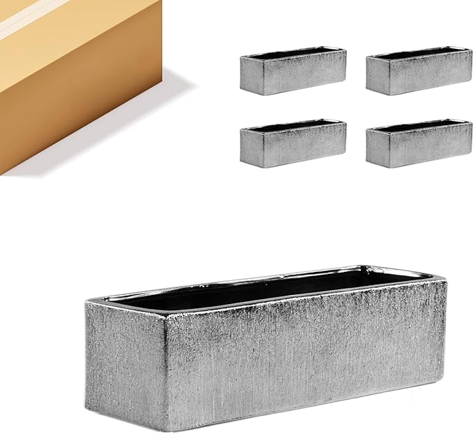 WGVI Long Rectangle Ceramic Planter Vase in Silver Etched 14" x 4" x 4"H, Rectangular Box Block Terrarium Pot, Flower Arrangement, Tabletop Centerpiece, Home Decor Organization Container, 4 Pcs.