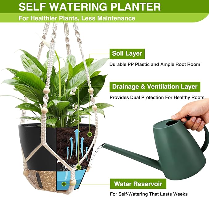 LEWESU Set of 2 Hanging Planters for Indoor Plants with Self Watering Includes Hanging Pots and 2 Types Plant Hangers, Outdoor Hanging Baskets Holder for Home Garden, 10 Inch Midnight Black