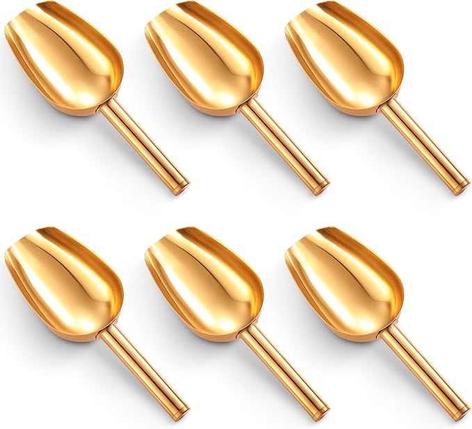 Roshtia 6 Pcs Gold Ice Scoops Stainless Steel Mini Scoop Candy Scoops for Kitchen Dispenser Buffet Jars, Scooping Coffee Bean, Sugar, Flour, Spice (5 oz)