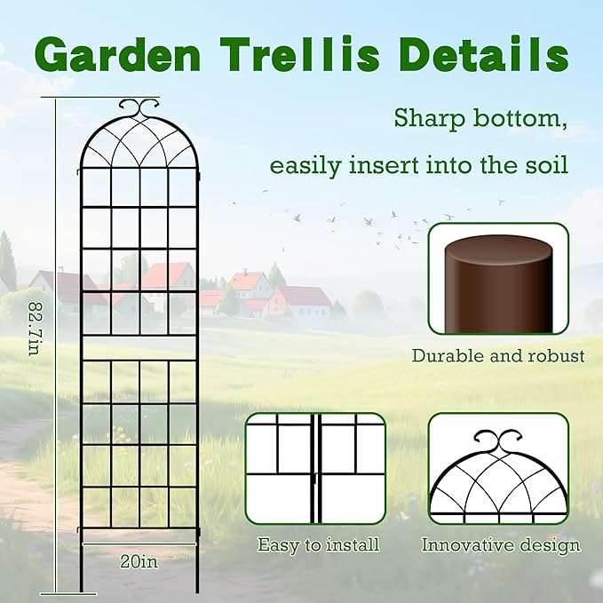 LZRS 2 Pack 83x20in Rustic Iron Arch Decoration Garden Trellis with Black Metal Coating – Perfect for Supporting Climbing Plants Outdoor, Roses, Vines, Flowers, and Vegetables.