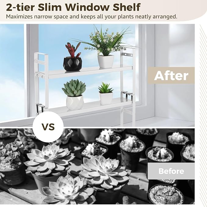 Expandable Window Shelf for Plants, 2-tier Adjustable Metal Storage Rack, Slim Kitchen Sink Organizer, Narrow Countertop Storage Holder, Rust Resistant White Finish