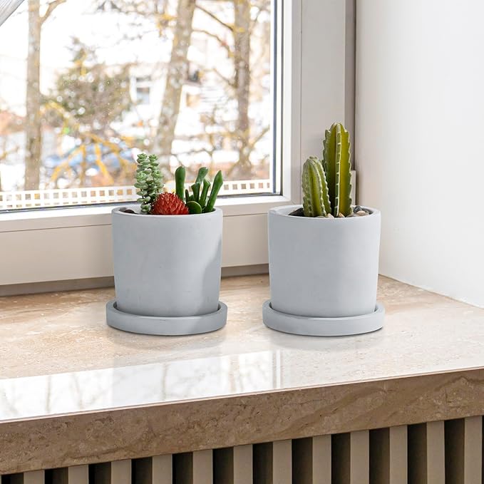MyGift Set of 2 Mini 4-Inch Gray Cement Succulent Planters – Modern Unglazed Concrete Plant Pots with Removable Saucers