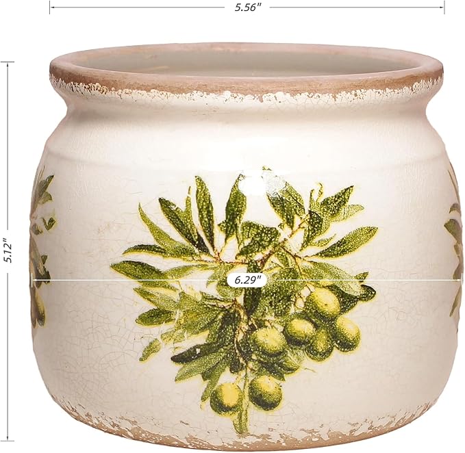 Xiaan Jiaju Mediterranean Ceramic Plant Pots with Olives Branches Pattern, 6 Inch Tuscan Planter for Indoor Plants, Rustic Farmhouse Home Kitchen Decor, Tuscan Vase for Centerpiece, Olive Green
