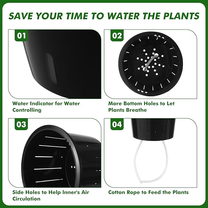 Planterhoma 5/6.7 Inch Self Watering Pots for Indoor Plants, 8 Packs Self Watering Planters for Orchid, Spider Plant, Devil's Ivy & African Violet, Water Indicator & Black Wick Pots, Black