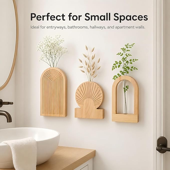 TBWIND Wooden Wall Vases Set of 3, Modern Farmhouse Arch Propagation Station with Glass Planter Tubes, Boho Fluted Hanging Decor for Entryway, Living Room & Narrow Spaces (Natural)