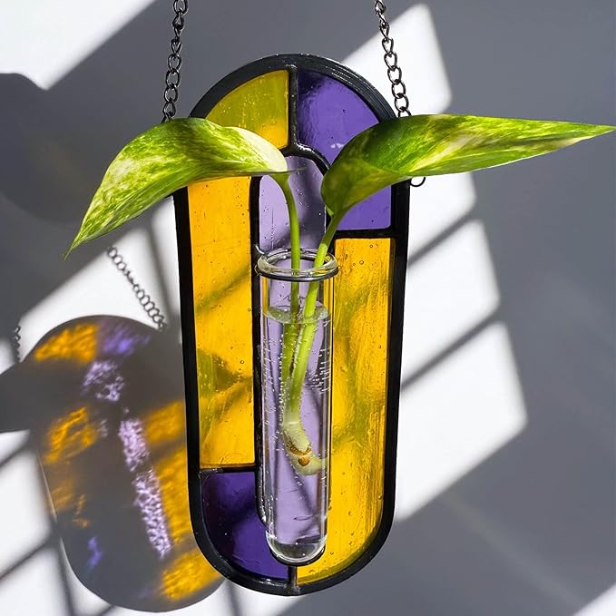LITMIND Multi-Color Stained Glass Propagation Station - Handcrafted Translucent Suncatcher Planter with 2 Tubes, Hanging Hydroponic Decor for Windows & Garden, Indoor Outdoor Use, 7x2.5 Inches